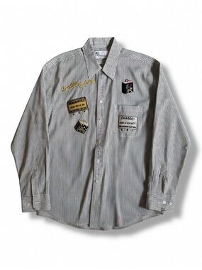 Vintage-Inspired Striped Patchwork Button-Up Shirt - White/Black